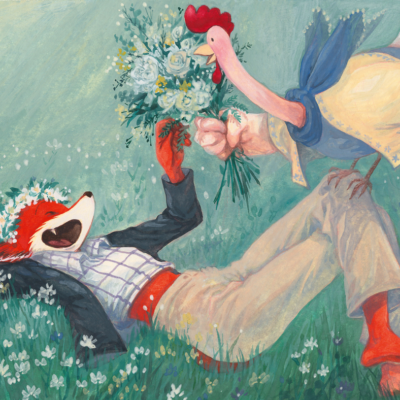 Illustration de YunBo : une renarde et une poule avec un bouquet de fleur